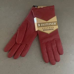 Isotoner Red Leather Gloves, Cashmere Lined - NWT